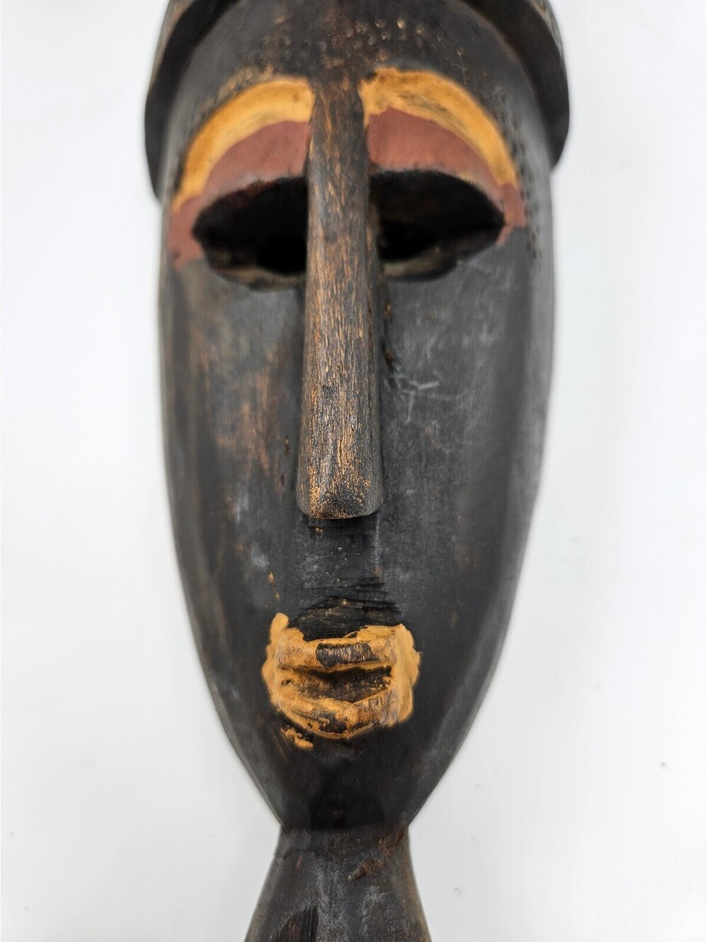 Vintage Hand-Carved Wooden Tribal Mask with Tiered Headdress & Pigment Accents